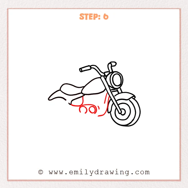 how to draw a cartoon motorcycle - Cartoon motorcycle sketch now includes a simple engine shape and small circular mechanical details beneath the tank, plus a curved lower frame line.
